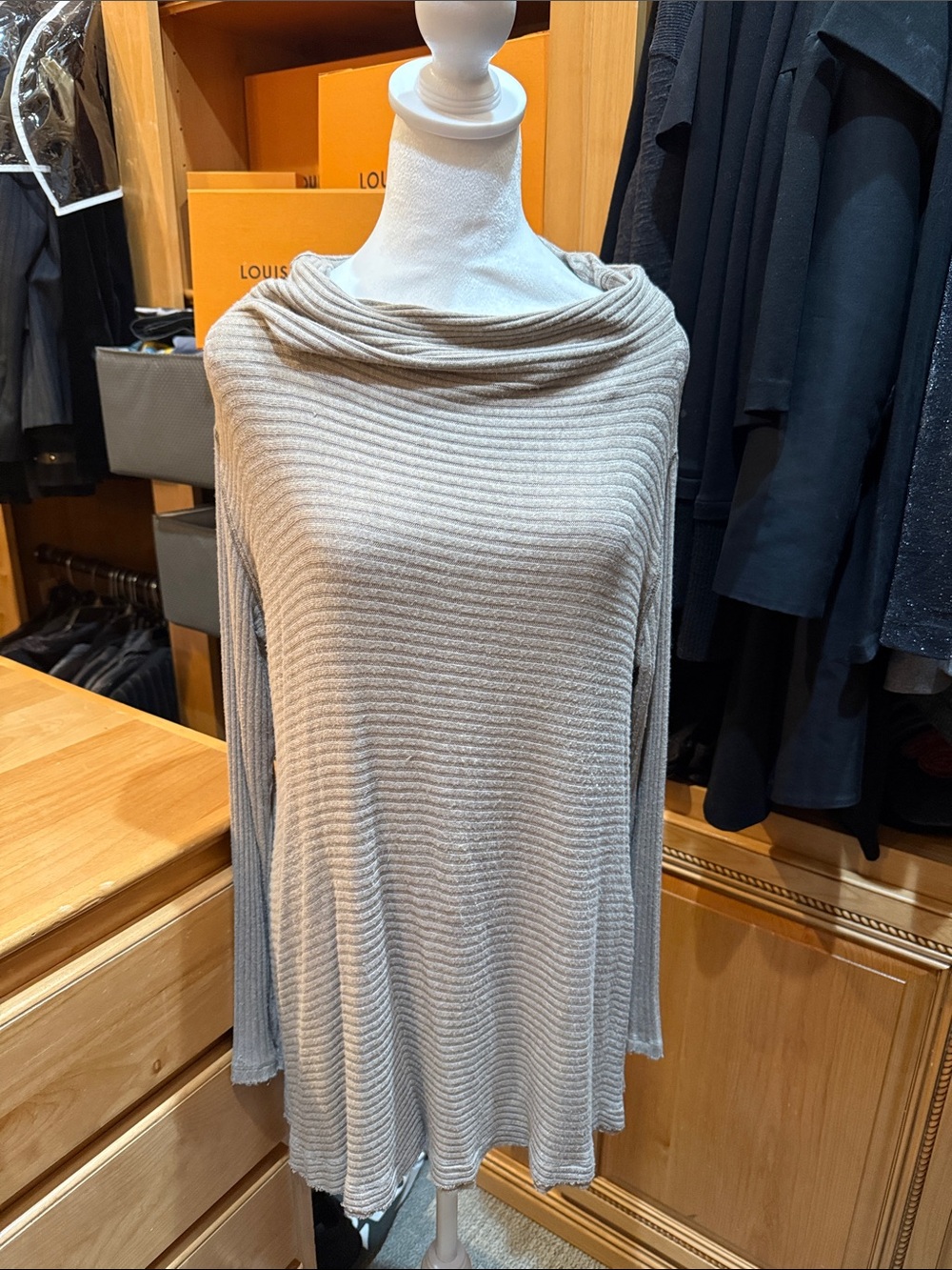 We The Free Ribbed Cowl Neck Sweater Tunic - Light Beige- Peeking Back